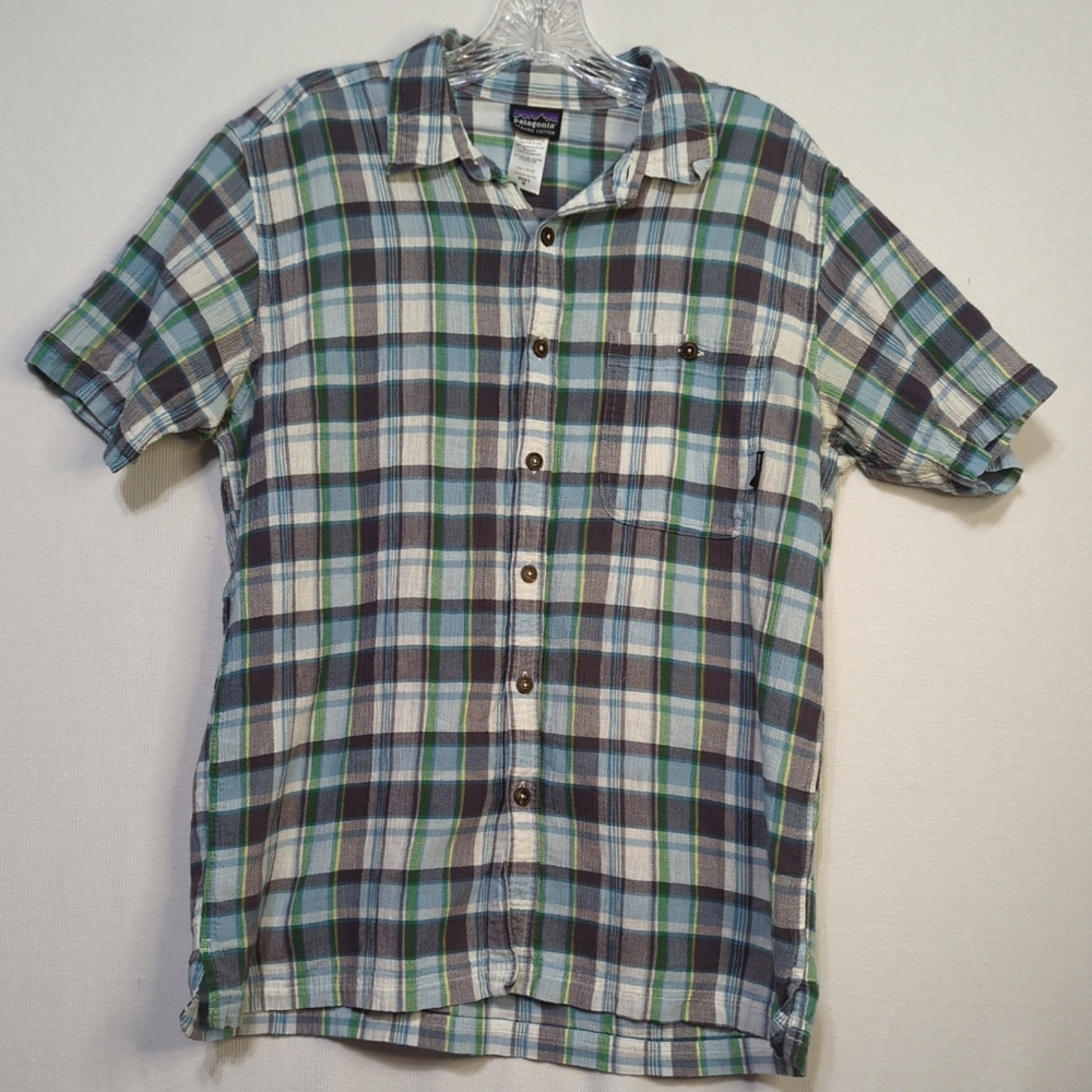 Patagonia Mens Green, Blue&Gray Plaid Shirt Sleeve Button Up Shirt Size Med 604